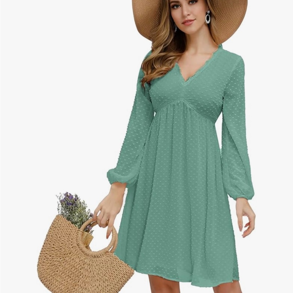 Jasambac Green Long Sleeve Dress for Women XXL - Swiss Dot, V Neck, Zip up Back